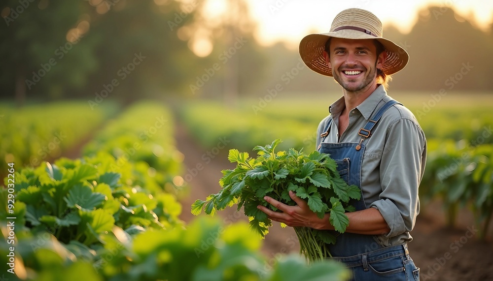 A smiling organic farmer harvests crops in a well-tended field, illuminated by natural light. A smiling organic farmer harvests crops in a well-tended field, illuminated by natural light.