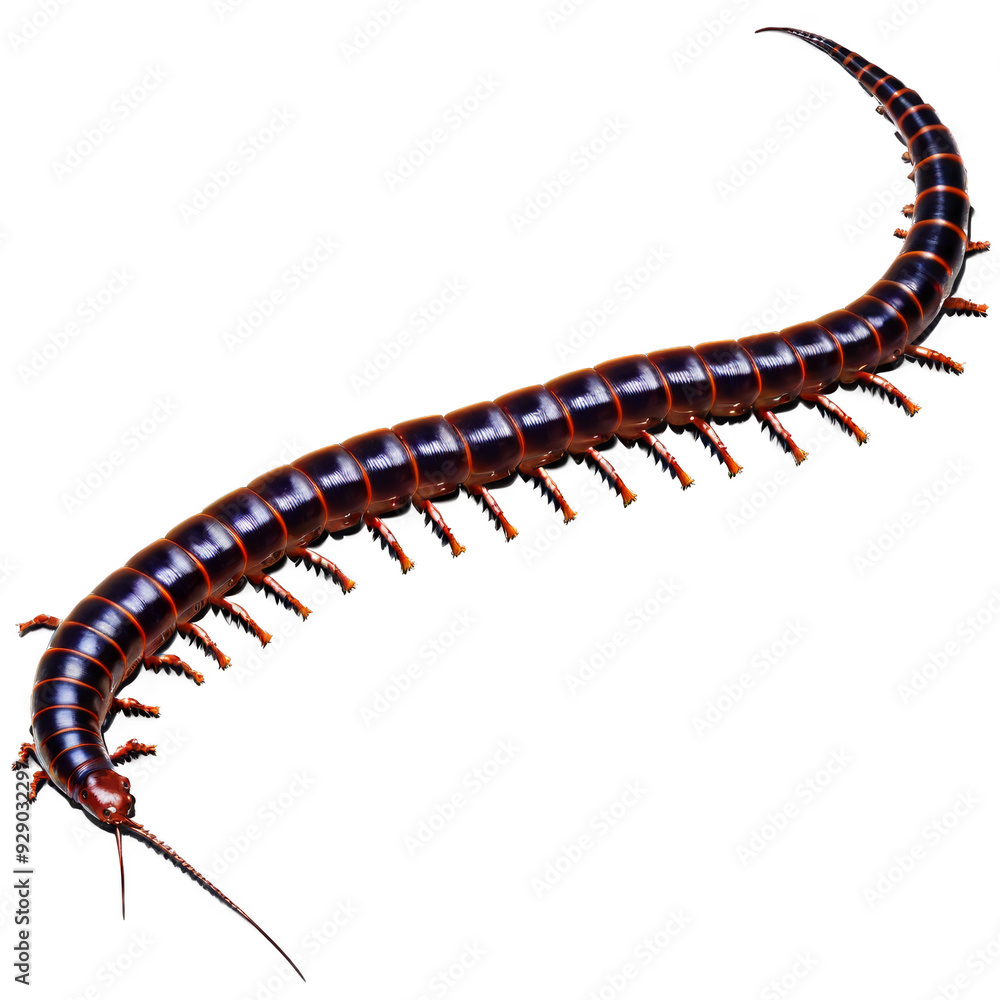 A long, thin, black and orange centipede isolated on transparent background. A long, thin, black and orange centipede isolated on transparent background.