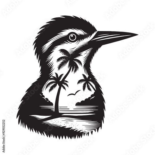 silhouette of Woodpecker filled with ocean beach view with palm tree in rough drawing photo