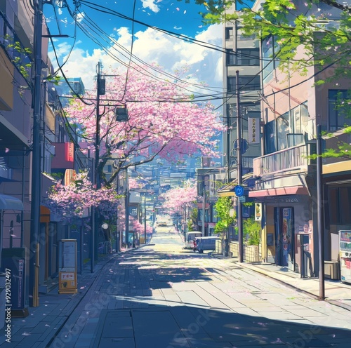 Springtime Enchantment: anime-style City Streets Bloom with Life, the Perfect Canvas for Leisurely Vacations and Idyllic Travel Posters in 4K,Anime-Style,illustration,Picture BooksFor Poster,Novel,UI, photo