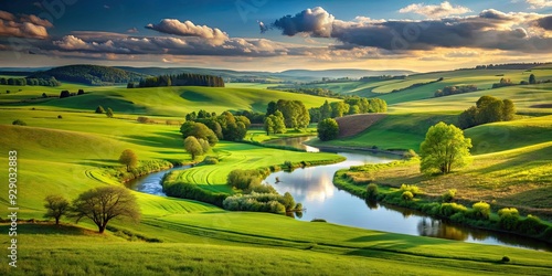 Idyllic rural landscape with rolling hills, lush green fields, and a peaceful river , picturesque, rural, landscape, hills