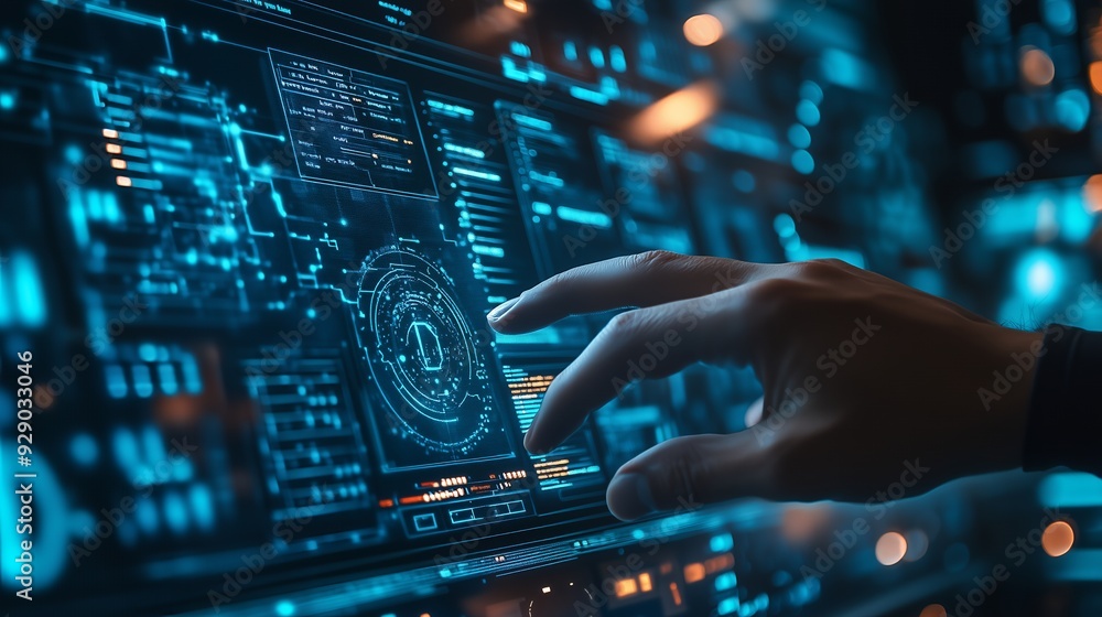 A hand reaches out and touches a futuristic glowing blue screen with data and code displayed. A hand reaches out and touches a futuristic glowing blue screen with data and code displayed.