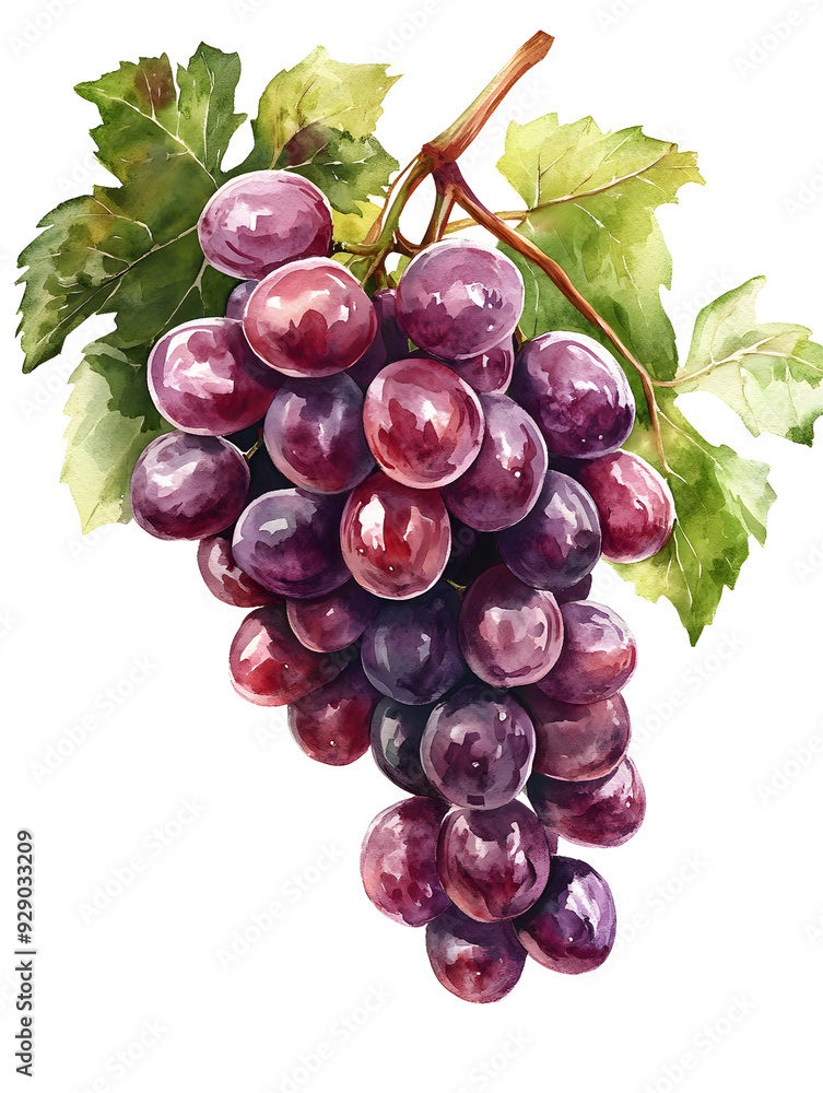 Fototapeta premium A bunch of ripe red grapes with green leaves, isolated on a white background. Perfect for food and drink related projects.