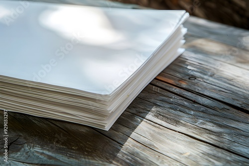 Blank white pages on wooden surface