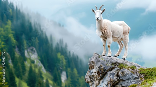 Majestic mountain goat standing confidently on a rocky cliff with a stunning misty mountain landscape in the background.