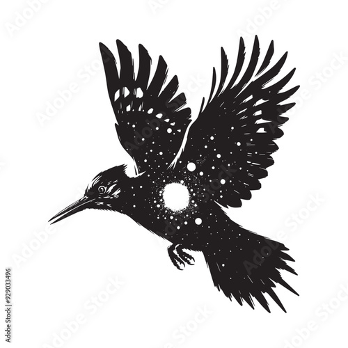 silhouette of Woodpecker filled with space and sci-fi element in rough drawing photo