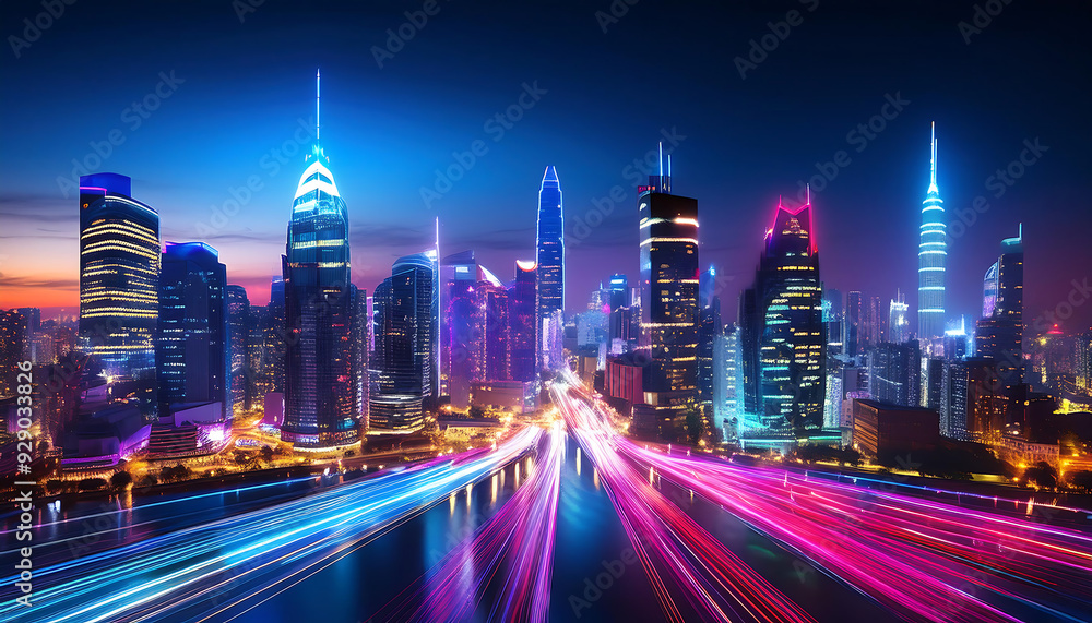 Fototapeta premium cityscape illuminated vibrant neon lights capturing energy excitement urban nightlife