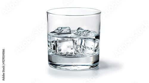 Refreshing clear glass of water with ice cubes, perfect for hydration and cooling down on a hot day, isolated on a white background.