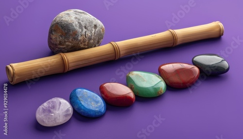 Spiritual chakra stones and bamboo on a purple background, embodying peace and mindfulness for