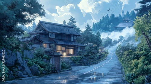 Japanese home in the countryside, anime style photo