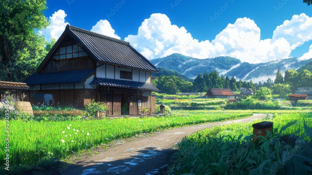 Obraz premium Japanese home in the countryside, anime style