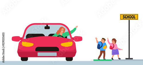mother sitting in the car and saying goodbye children go to school vector illustration