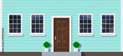 house siding facade front view  entrance door windows potted plants exterior design vector illustration