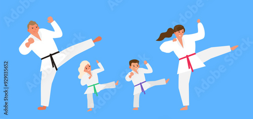 family wearing kimono karate kick training together vector illustration