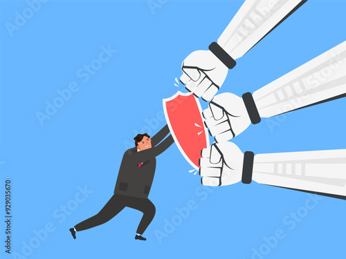 businessman using shield to fight with robotic fists punch vector illustration