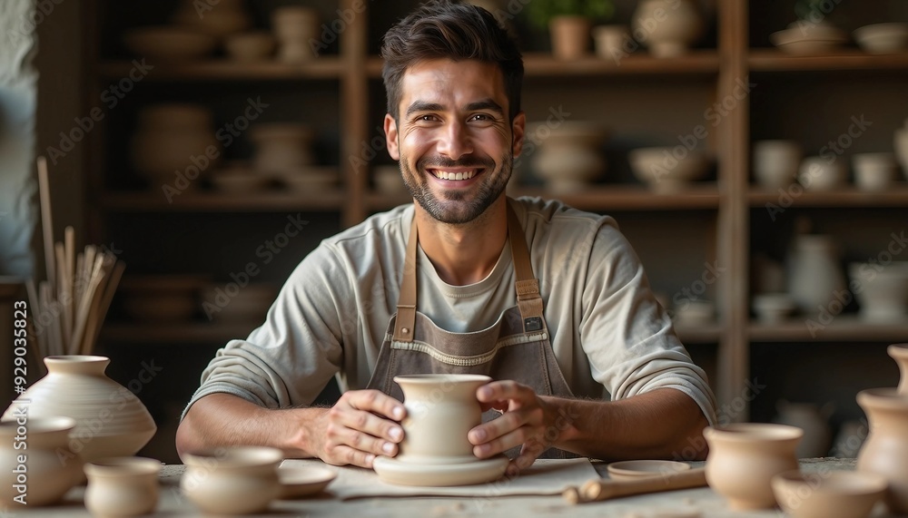 A proud potter in his studio stands by a stunning pottery piece, with earthy tones emphasizing his joyful expression and artistic chaos. A proud potter in his studio stands by a stunning pottery piece, with earthy tones emphasizing his joyful expression and artistic chaos.