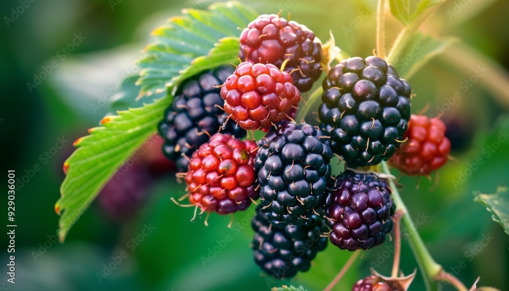 Close-up of a branch of blackberries, showcasing their rich color detailed texture. Close-up of a branch of blackberries, showcasing their rich color detailed texture.