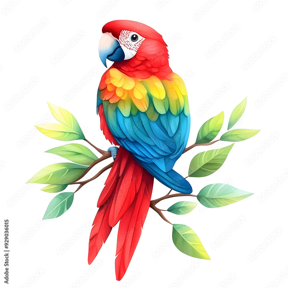 Obraz premium A vibrant scarlet macaw perched on a branch with lush green leaves, its feathers shimmering in the light.