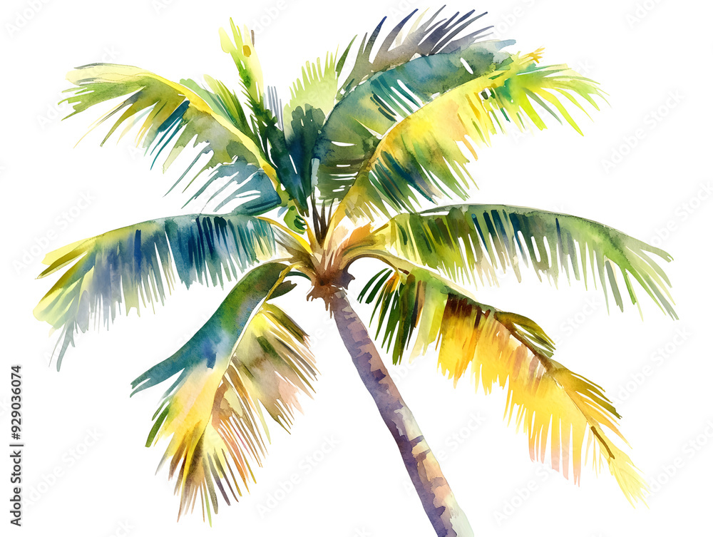 Fototapeta premium A vibrant watercolor painting of a palm tree with lush green and yellow leaves against a black background.