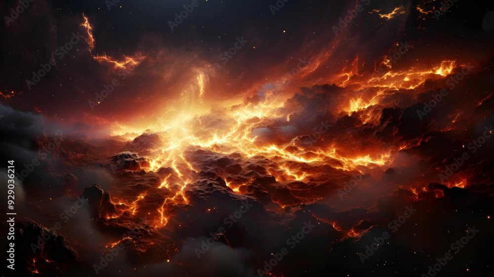 A stunning display of cosmic energy as lightning streaks across a fiery sky. The scene is chaotic and powerful, with flashes of light illuminating the darkness. A stunning display of cosmic energy as lightning streaks across a fiery sky. The scene is chaotic and powerful, with flashes of light illuminating the darkness.