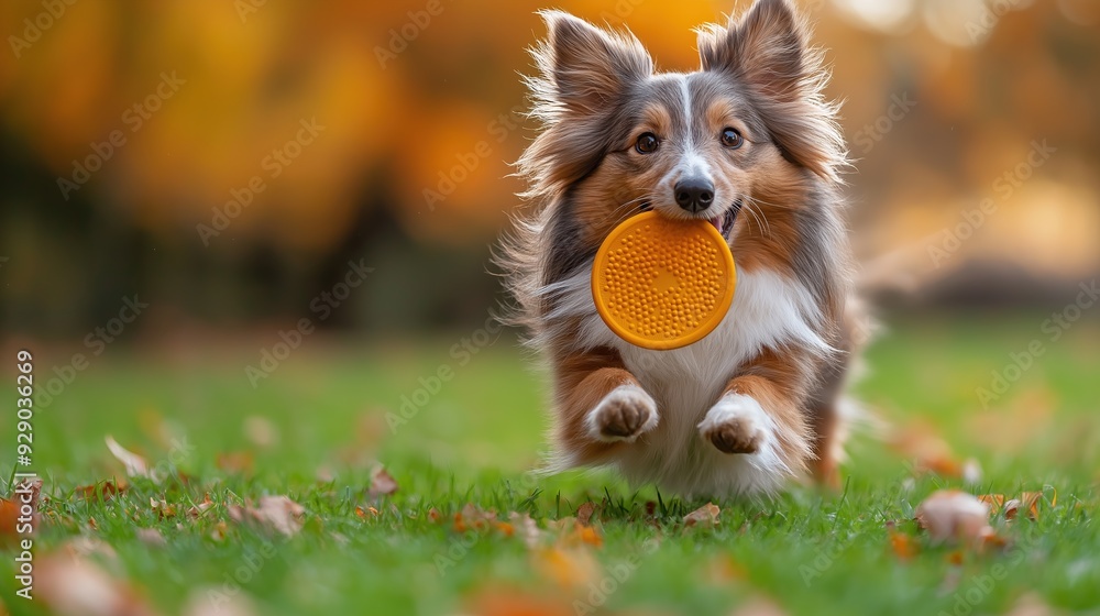 Obraz premium Shetland Sheepdog jumping to catch a frisbee on green grass, dog playing in garden