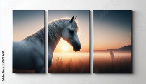 HD triptych art of photorealistic a single white horse at twilight sunset, photography, white background