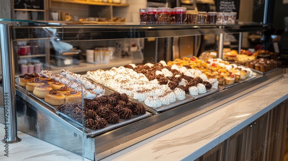 A counter filled with an array of colorful pastries and cupcakes, featuring cream toppings and rich decorations in a stylish bakery setting. A counter filled with an array of colorful pastries and cupcakes, featuring cream toppings and rich decorations in a stylish bakery setting.