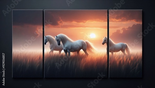 HD triptych art of photorealistic a single white horse at twilight sunset, photography, white background