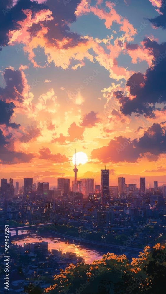 Fototapeta premium Enchanted anime-style City Skyline at Golden Hour: A Creative Marketing Concept Illustrating the Commuter's Journey,Anime-Style,illustration,Picture BooksFor Poster,Novel,UI,WEB,Game,Design,Abstract