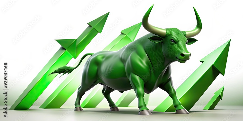 Obraz premium Symbolic bull against green up arrows, trading, bull, betting, stock market, finance, investment, success, growth