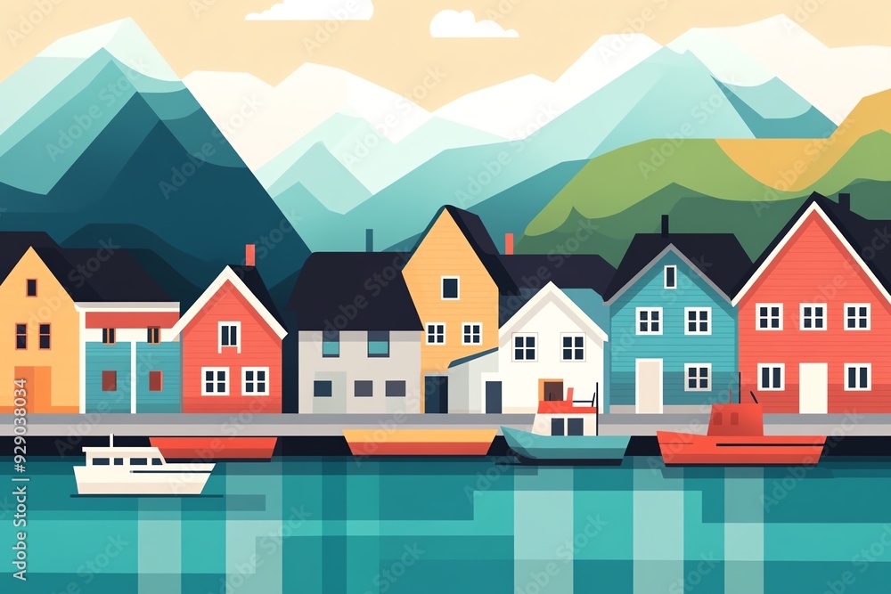 Colorful houses line a waterfront with mountains in the background. Colorful houses line a waterfront with mountains in the background.