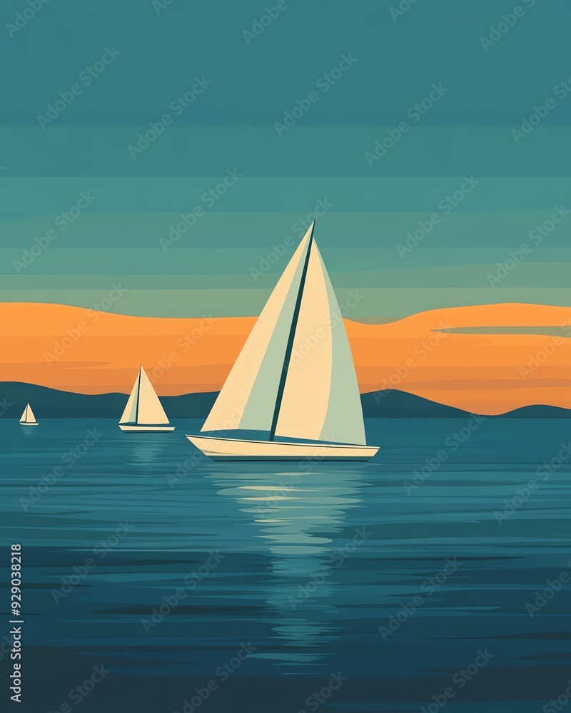 Naklejka premium Sailboats on a calm ocean at sunset.