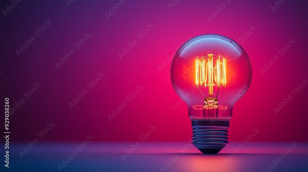 lightbulb turned on, set against a rich purple gradient, with its filament brightly lit and the purple light with copy space lightbulb turned on, set against a rich purple gradient, with its filament brightly lit and the purple light with copy space