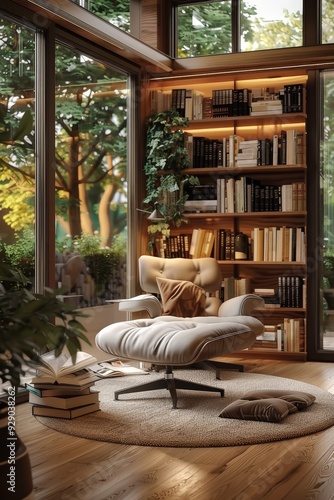 A comfortable home interior with a reading nook, complete with a comfy chair