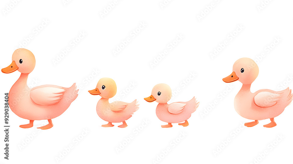 Four pink ducklings, in a row, walking in a line. Four pink ducklings, in a row, walking in a line.