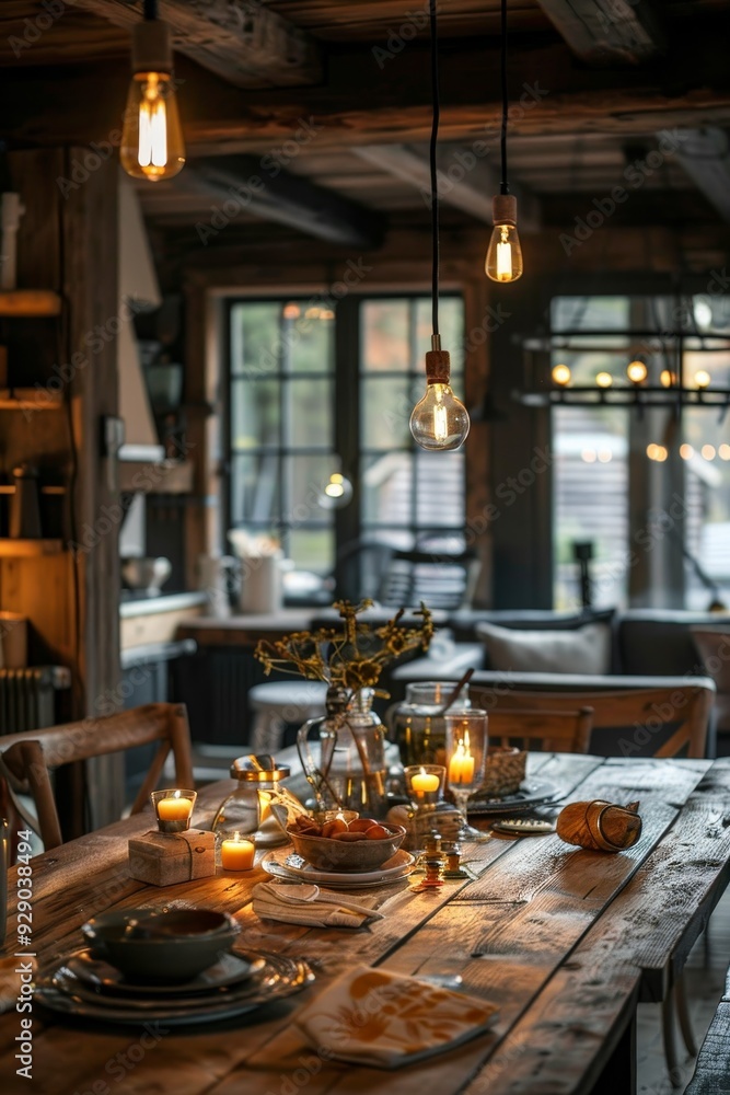 A cozy dining area with a wooden table, soft lighting, and inviting deco A cozy dining area with a wooden table, soft lighting, and inviting deco