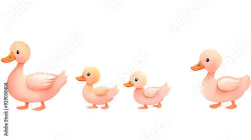 Four pink ducklings, in a row, walking in a line.