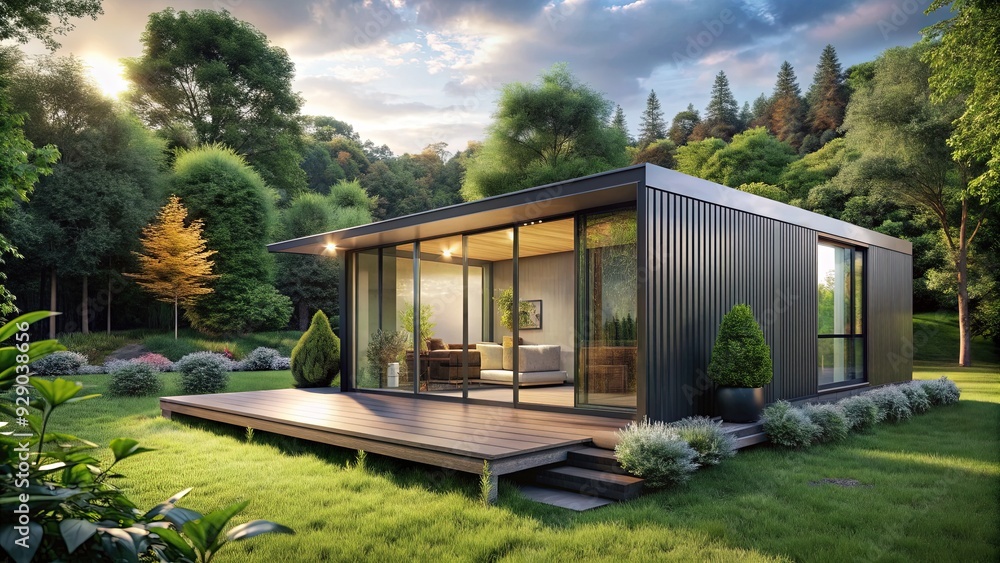 Obraz premium Modern prefabricated building with sleek metallic exterior and large windows standing amidst lush greenery, surrounded by a tranquil natural landscape.