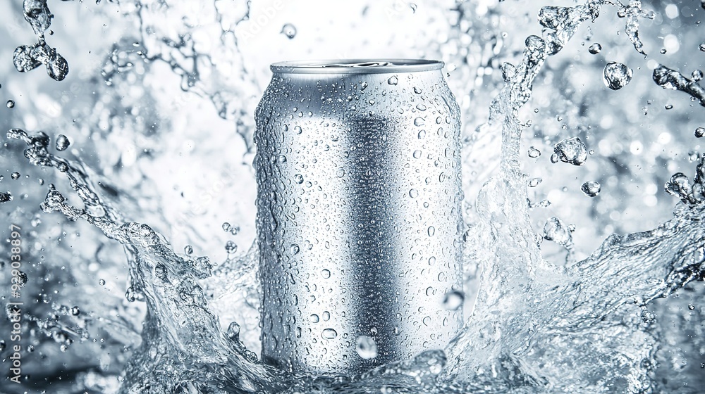 Blank silver aluminum 330 ml soda can with drops splash mockup Blank silver aluminum 330 ml soda can with drops splash mockup