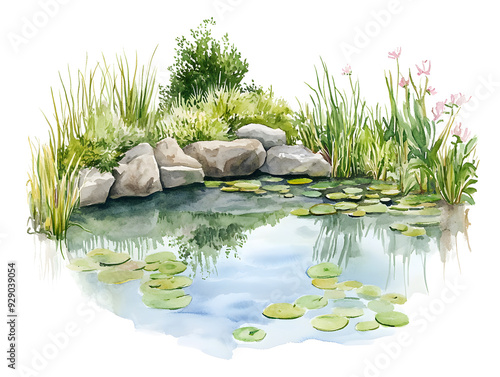 Serene pond with lily pads, surrounded by lush greenery and rocks.  Peaceful and tranquil scene.  Perfect for nature, relaxation, and tranquility themes.