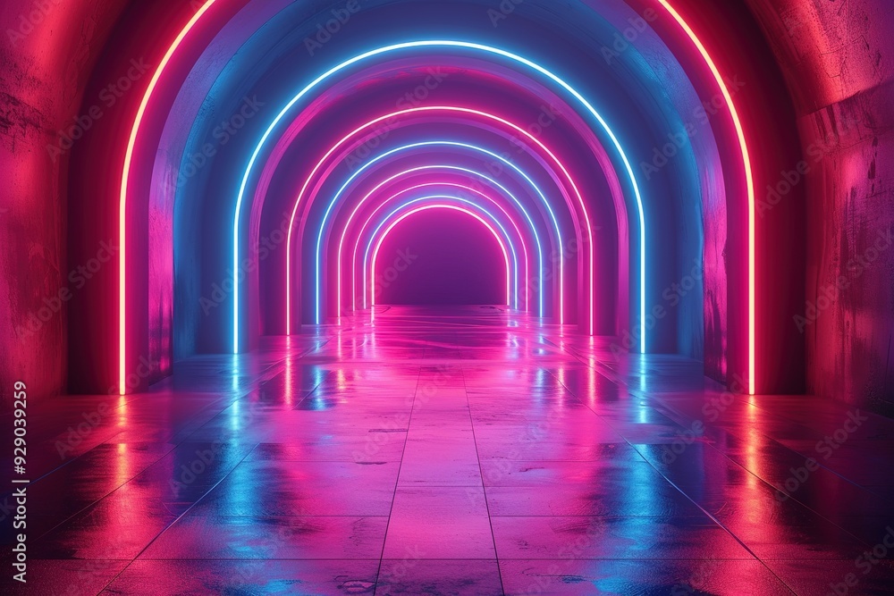 red blue neon light, illuminated corridor, tunnel, empty space, ultraviolet light, 80's retro style, fashion show stage, abstract background