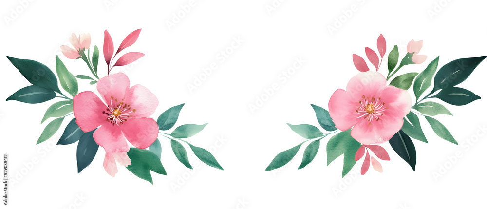 Two watercolor pink flowers with green leaves. Two watercolor pink flowers with green leaves.