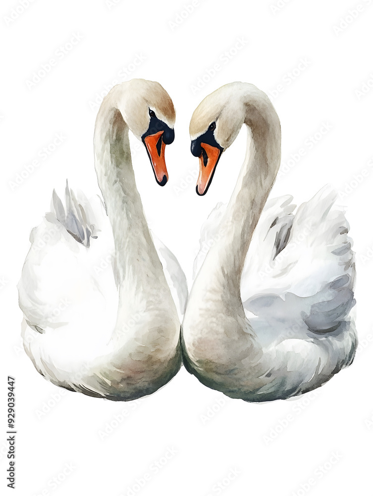 Fototapeta premium Two white swans with their necks intertwined, forming a heart shape.