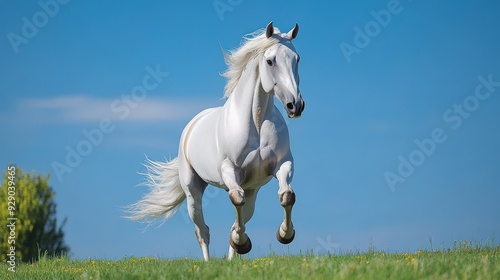 A majestic white horse galloping freely across a lush green field under a clear blue sky, showcasing its grace and beauty.