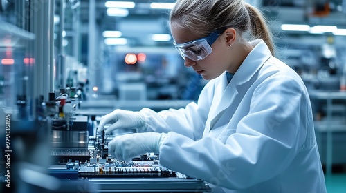 Female scientist workingin a Bosch factory, as she skillfully assembles the electronic components on her workbench while wearing protective glasses and a white lab coat.