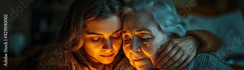 A daughter comforting her elderly mother, with a soft glow illuminating their faces, symbolizing love, care, and generational bonds