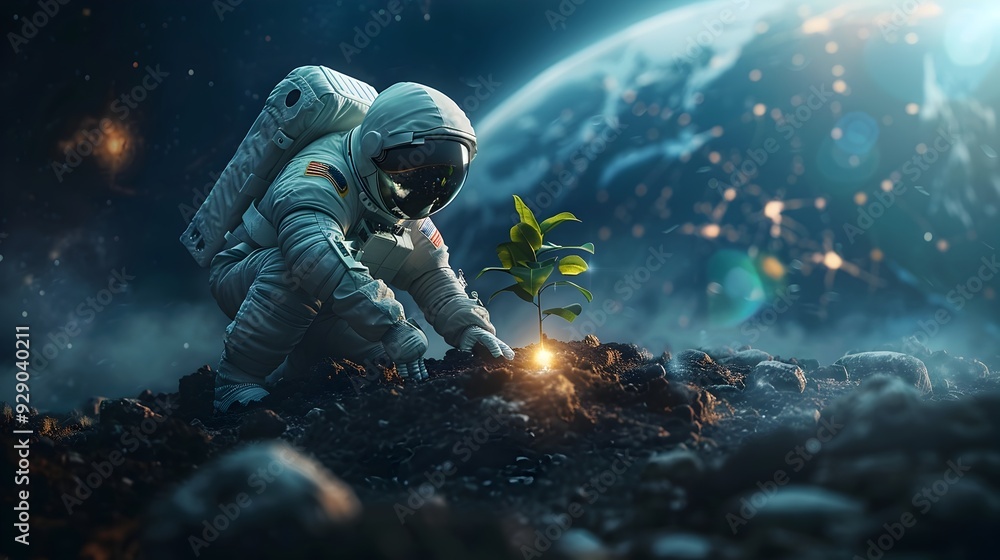 Fototapeta premium Astronaut Planting Tree on Earth from Space Environmental Initiative Concept
