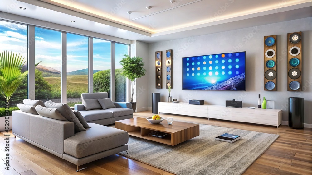 Modern smart home interior with sleek devices and gadgets, including a large flat-screen TV, wireless speakers, and a tablet, on a minimalist background. Modern smart home interior with sleek devices and gadgets, including a large flat-screen TV, wireless speakers, and a tablet, on a minimalist background.