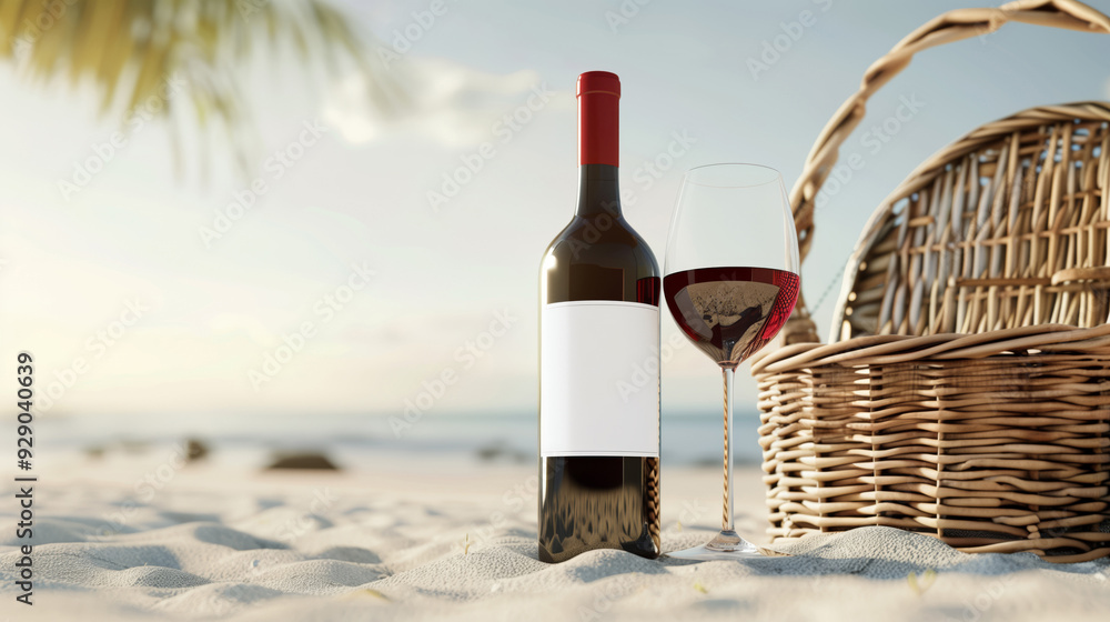 Bottle of wine with blank mock-up labels with a wicker picnic basket for a picnic on the sandy beach. Bottle of wine with blank mock-up labels with a wicker picnic basket for a picnic on the sandy beach.