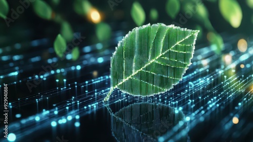 Digital leaf pixelating into data streams, tech disruption, 3D illustration